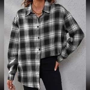 SHEIN LUNE Plaid Print Drop Shoulder L Flannel Blouse